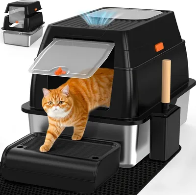 Imagen del producto de Arenero para gatos de acero inoxidable, con tapa, de 60x40x39,5 cm, con dos entradas para gatos