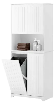 Produktbild von Wäscheschrank Hochschrank 170 cm schmaler Badschrank mit Wäschekorb und Regal, Badezimmer Hochschrank mit 2 Türen – platzsparendes Badmöbel in Weiß