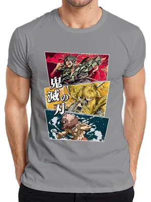 Immagine prodotto di maglietta Kimetsu no Yaiba Tanjiro Zenitsu Inosuke Anime Gift Uomo, Grigio, S