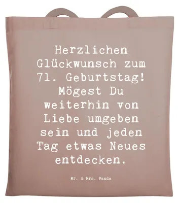 Produktbild von Mr. & Mrs. Panda Jutetasche Spruch 71. Geburtstag Freude - Braun Pastell - Geschenk, Schultasche, Laptoptasche, Glückwünsche, Liebe, Tasche, Geschenke, Beutel, Tote Bag