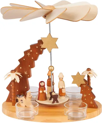 Produktbild von BRUBAKER Weihnachtspyramide aus Holz - Stern von Betlehem, Jesus, Maria, Josef und Hirte - 22 cm große Teelichtpyramide für Weihnachten Tischpyramide
