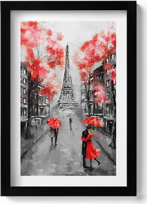 Produktbild von Paris - Eiffelturm und rote Regenschirme– Wandbild mit Rahmen – Gerahmtes Bild  – Wanddekoration – 20x30 cm – Schwarz