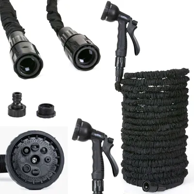Produktbild von Grafner Gartenschlauch flexibel dehnbar Flexischlauch, 30 Meter, 3-fach Latexkern, mit 8-fach Soft-Multifunktionsbrause, KEIN PLATZEN, massive Steckverbinder, schwarz flexi Schlauch