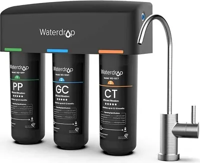 A Waterdrop under-sink water filter system with its own faucet, shown against a white background.