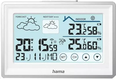 A digital weather station displaying indoor and outdoor temperature, humidity, and weather forecasts.