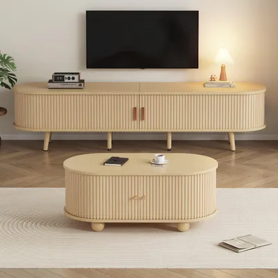 Produktbild von Sweiko Wohnzimmer-TV-Schrank mit Stauraum + Couchtisch-Kombination, ovale Kombination in Originalholzfarbe, MDF