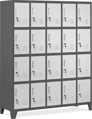 A metal locker unit with 20 compartments.