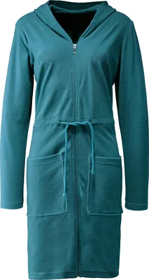 A teal hooded robe with a zipper and pockets.