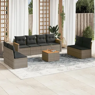 Produktbild von Design 9-tlg. Garten-Sofagarnitur mit Kissen Grau Poly Rattan, Gartenmöbel-Sets 2024 Neu