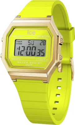 A digital watch with a yellow strap and gold-colored bezel is shown against a white background.