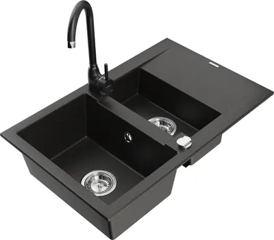 Produktbild von Mexen Gaspar 1,5-Becken-Granitspüle mit Abtropffläche und Mischbatterie Telma, Schwarz/Gold - 6507-75-670200-70