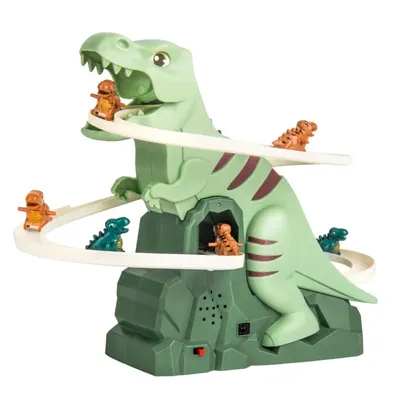 A toy dinosaur slide with small dinosaur figures on it, set against a white background.