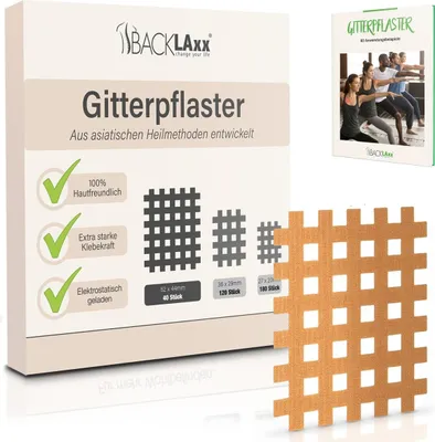 Produktbild von BACKLAxx® Gittertape - 40 Stück  Gitterpflaster Set in Größe Typ c - GRATIS umfangreiches eBook mit über 60 Anwendungsbeispielen
