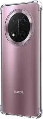 A clear, studio shot of the back of a pink smartphone inside a transparent protective case.