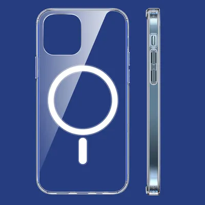 A transparent phone case with a MagSafe ring is shown against a blue background.