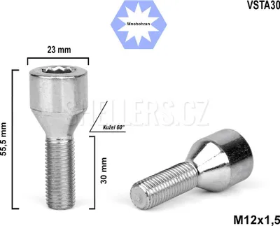 Obrázek produktu pro Kolový šroub M12x1,5x30 kužel s vnitřním mnohohranem VSTA30, průměr hlavy 23mm, výška 55,5 mm