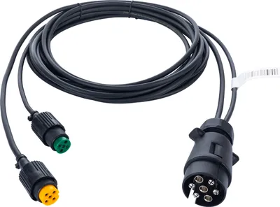 A black cable with multiple connectors, including a 7-pin connector and two smaller connectors (one green, one yellow).