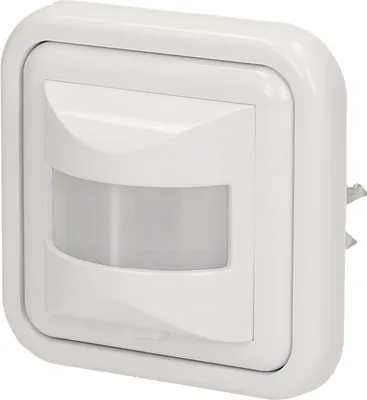A white motion sensor for wall mounting.
