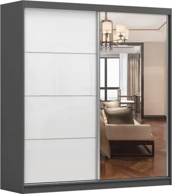 Produktbild von Kleiderschrank M35 mit Spiegel 233 cm, Schwebetürenschrank, Garderobeschrank Schlafzimmer; Wohnzimmerschrank; Korpus Schrank Farbe: Graphit; Farbe der Schrankfront: Weiß Hochglanz- 2 Schiebetüren