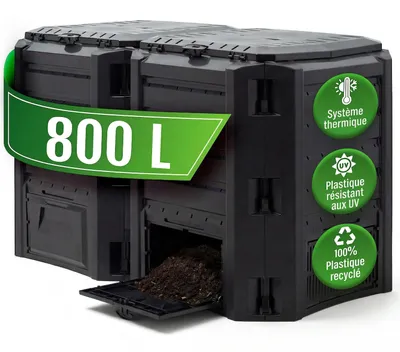 Image de DEUBA® Composteur de jardin 800 L plastique noir transformateur de déchets couvercle et trappe d’extraction bac à compost