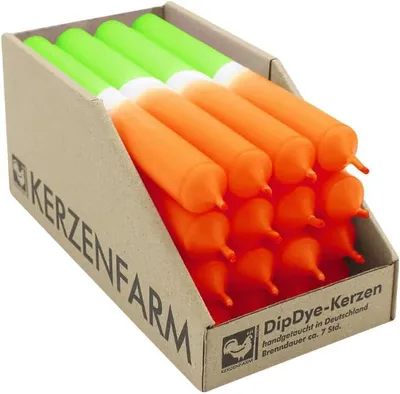 Produktbild von DIP DYE Stabkerzen aus Paraffin, 180/22 mm, Neonorange-Grün, HAHN, Brenndauer ca. 7h, 16 Stück pro Verpackung