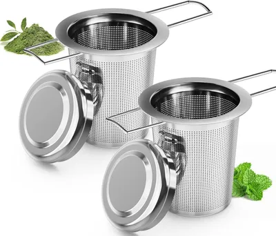 Produktbild von 2er-Pack Teesieb fš¹r losen Tee šC feinmaschiges 304-Edelstahl Teeei fš¹r losen Tee mit Deckel und klappbaren Griffen fš¹r ein sauberes,rš¹ckstandsfreies Aufbrš¹hen,rostfreies Teesieb fš¹r Tasse und Teekanne