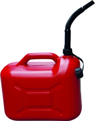 A red plastic jerrycan with a black flexible spout and cap, isolated on a white background.