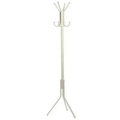 A white coat rack with multiple hooks stands on a white background.