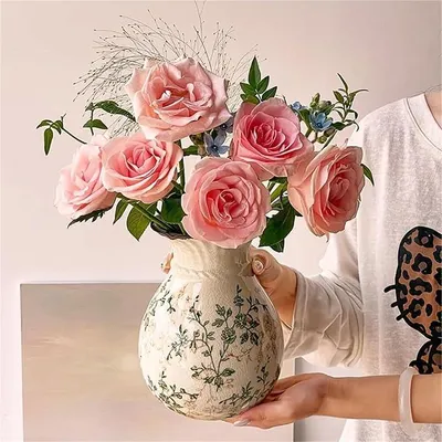 Imagen del producto de Jarrones para la decoración del salón, estilo vintage, diseño chinoiserie, jarrones de cerámica con efecto "craquelado", diseño retro, flores rústicas para el salón (amarillo, tamaño L)