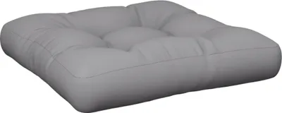 A gray tufted cushion is shown from a slightly elevated side angle against a white background.