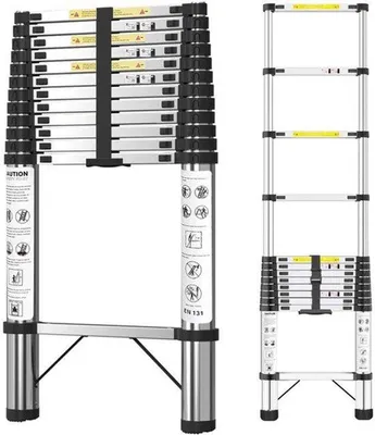Obrázek produktu pro Teleskopická žebřík, výška 3,8 metru - nerezová ocel - nosnost 150 kg - protiskluzové nožičky