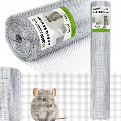 A collage showing a roll of wire mesh and a close-up of a mouse behind the mesh.