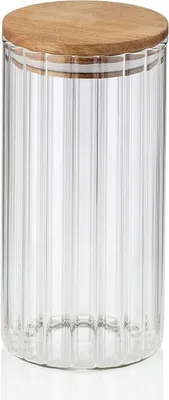 A clear glass jar with a wooden lid.