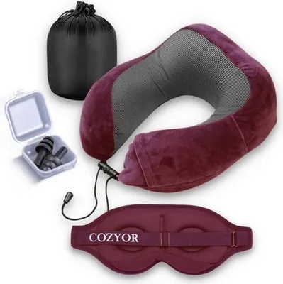 Produktbild von COZYOR Reiseset 3-tlg: Ohrstöpsel + Schlafmaske + Nackenkissen, kuschelig weich & kompakt, verstellbares Nackenhörnchen Memory Foam, Augenmaske 100% dunkel