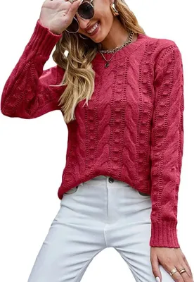 Image de ASKSA Femme Elégant Pull casual manches longues Pull à grosses mailles Sweatshirt Hauts, Rouge, XL