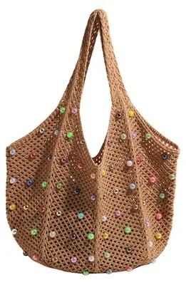 Produktbild von XXL-Strandtasche mit Reißverschluss - Strandtasche aus Rattan - Faltbar - Wasserdicht - Handtasche mit bunten Perlen - Aus strapazierfähigem Material - Boho-Tasche