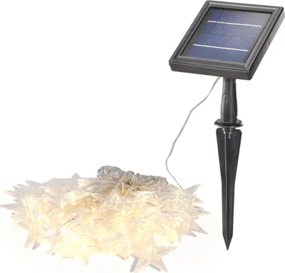 A string of star-shaped LED lights connected to a solar panel stake.