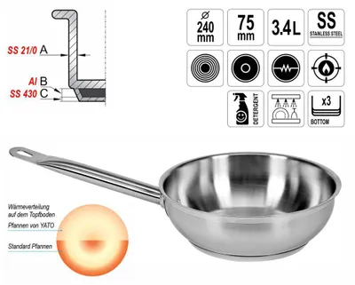 Produktbild von Yato Gastro 13483 Kasserolle, Edelstahl, 24 cm Durchmesser, Induktionsherd-geeignet