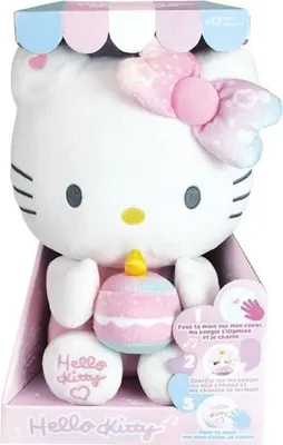 A Hello Kitty plush toy in its packaging, designed to look like a birthday cake.