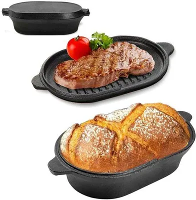 Obrázek produktu pro Litý železný hrnec, 28 cm, oválný, s poklicí, vhodný pro pečení chleba/koláčů, holandský hrnec, vhodný pro grilování/polévky, forma na pečení chleba