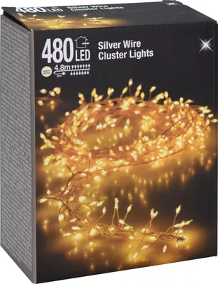 A box of silver wire cluster lights with a picture of the lights on the front.