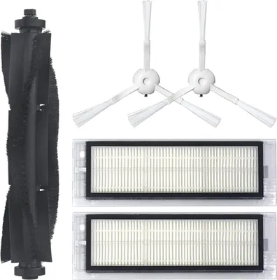 A set of robot vacuum cleaner replacement parts, including a roller brush, side brushes, and HEPA filters, arranged on a white background.