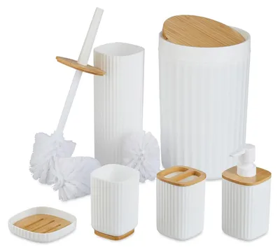 Immagine prodotto di TRANKIELO® - Set da bagno da 6 pezzi - Accessori per il bagno in plastica e bambù - Include cestino e dispenser per sapone