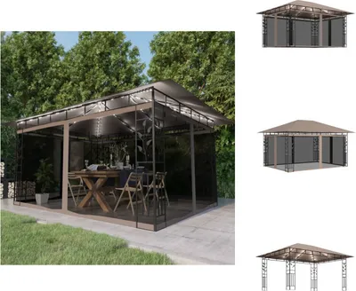 A gazebo set up in a backyard with a table and chairs inside, surrounded by trees and grass.