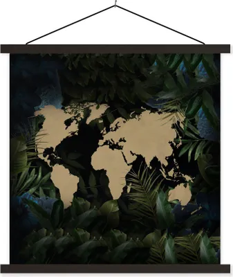 Produktbild von MuchoWow® Textilposter Weltkarte - Pflanzen - Tropisch 90x90 cm mit schwarzem Rahmen - Magnetisches