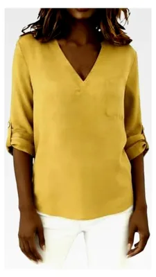 Produktbild von Leinenbluse Damen 3/4 Sommer Musselin V-Ausschnitt Oversized Blusehemd