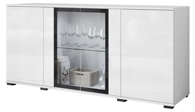 Obrázek produktu pro Komoda 150 cm s prosklenou vitrínou, zásuvkami a policemi, bílá matná/lesklá