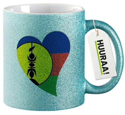 Produktbild von Huuraa Glitzertasse Neukaledonien Flagge Herz 330ml Blau Keramik Kaffeebecher Geschenkidee