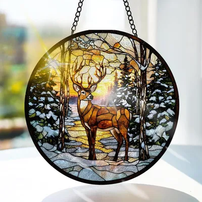 Obrázok produktu pre Okenná dekorácia 20x20 cm, jelene, farebné sklo, pre okno