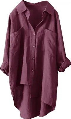 Obrázek produktu pro ASKSA Dámská mušelínová halenka Letní lehká prodyšná plátěná košile Tshirt Casual Loose Linen Blouse Top, červená, vel: L